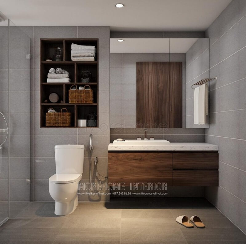 Kệ nhà tắm đơn giản nhưng gọn gàng đẹp mắt cho phòng tắm hiện đại. Mẫu nội thất biệt thự đẹp