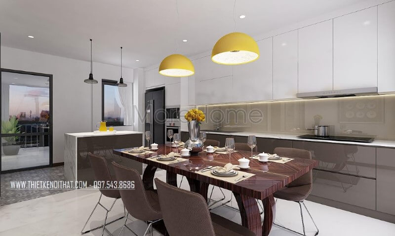 Phòng ăn hiện đại được thiết kế khá độc đáo với ý tưởng lồng ghép vào phòng bếp vừa tạo sự tiện nghi vừa đẹp,s ang trọng. Mẫu nội thất biệt thự đẹp