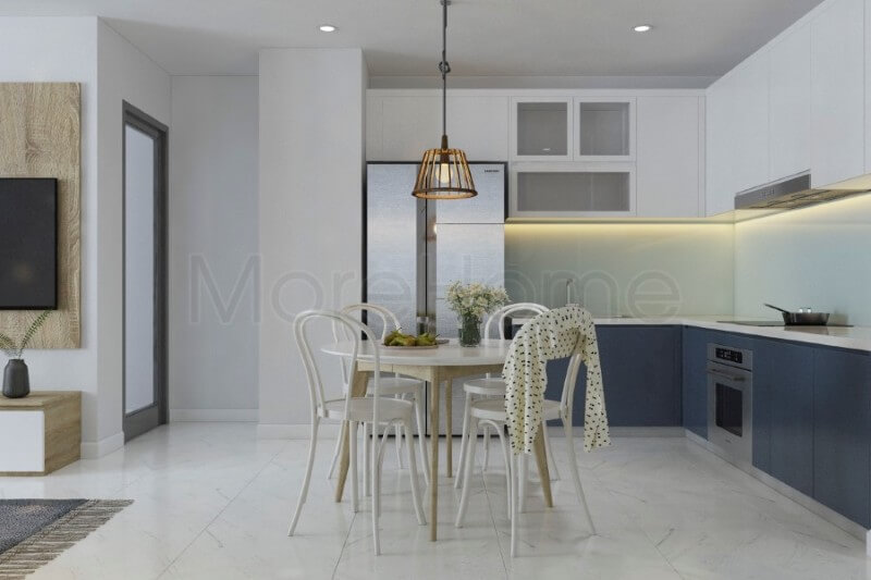 Thiết kế nội thất phòng bếp chung cư sử dụng những tone màu đơn giản, không nhấn mạnh vào chi tiết, gợi một cảm giác khá lạnh, tuy nhiên chính sự lạnh này lại mang đến cho căn bếp sự sạch sẽ và tinh tế. Nội thất phòng bếp