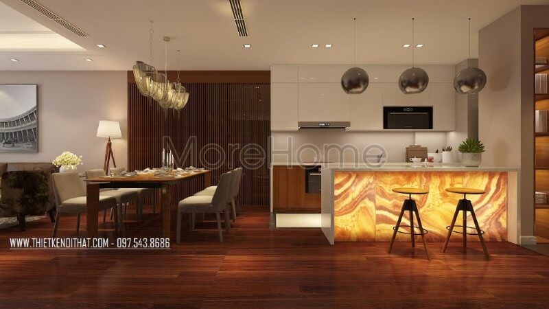 Thiết kế nội thất phòng bếp chung cư nhỏ gọn không quá phô trương về diện tích với đầy đủ các vật dụng cần thiết cho một căn bếp hiện đại. Thiết kế nhà bếp đẹp