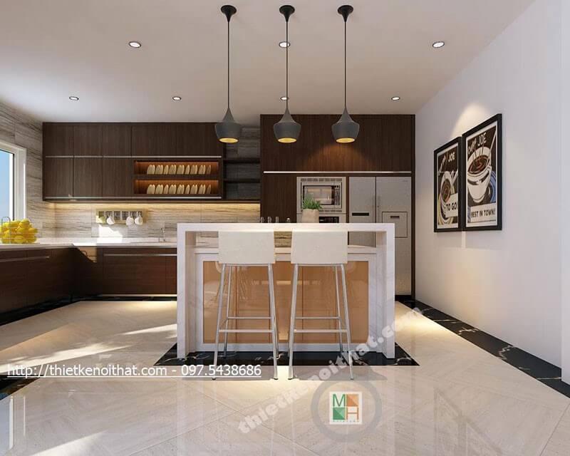 Mẫu tủ bếp gỗ công nghiệp màu nâu với thiết kế dài chữ L cho phòng bếp mang đến sự tiện nghi cho người nội trợ Tủ bếp gỗ công nghiệp và tủ bếp acrylic