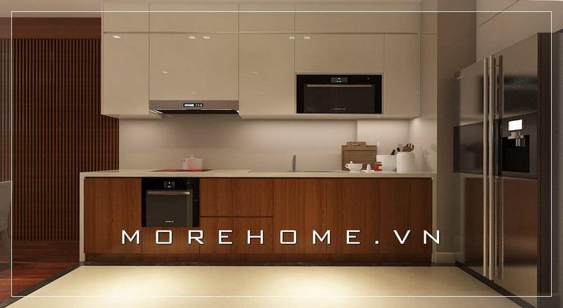 Mẫu tủ bếp gỗ acrylic hiện đại, thiết kế đơn giản tone màu trắng cho phòng bếp chung cư