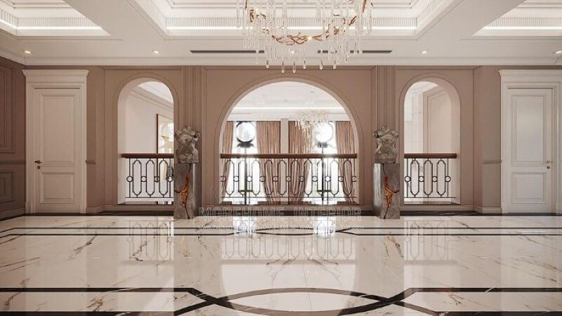 Trang trí hành lang đẹp, sang trọng cho phòng khách thông tầng.