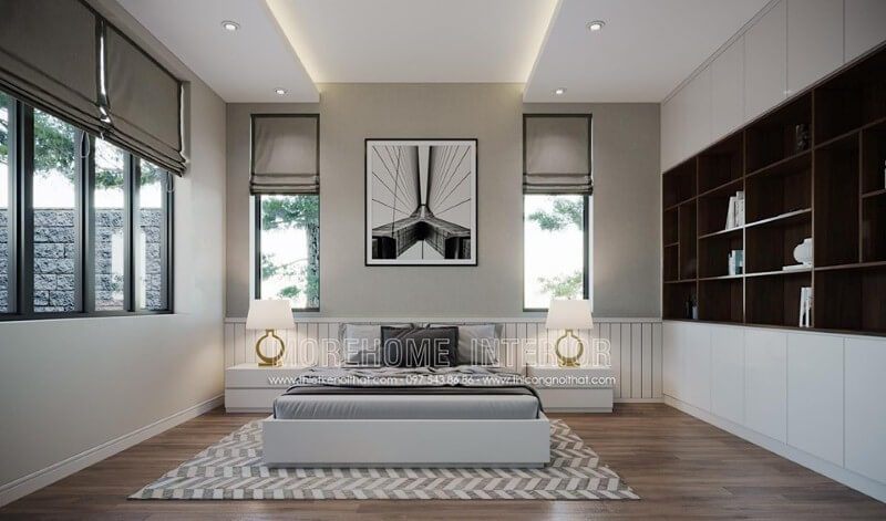 Sắp xếp phòng ngủ với hệ cửa số nhiều, rộng giúp phòng ngủ hiện đại trở nên thông thoáng hơn.