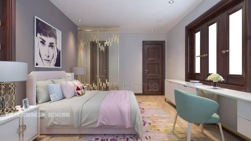 Thiết kế nội thất phòng ngủ con gái lớn phong cách hiện đại, sinh động với mẫu đồ nội thất bằng gỗ An cường cao cấp