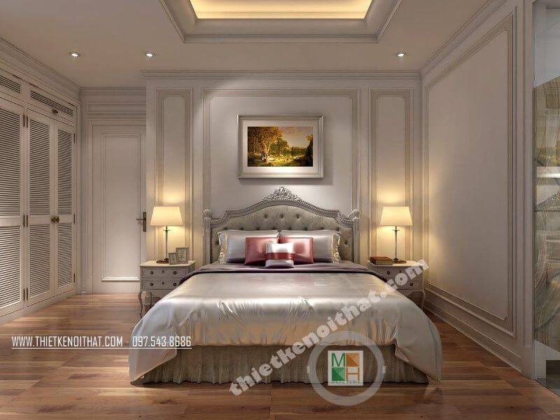 Mẫu giường ngủ tân cổ điển được thiết kế độc đáo, lạ mắt, đây được coi là điểm nhấn của toàn bộ không gian phòng ngủ của gia chủ